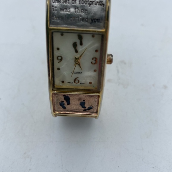 Women’s Quartz goldtone Footsteps spiritual Christian cuff watch needs battery - Picture 3 of 7